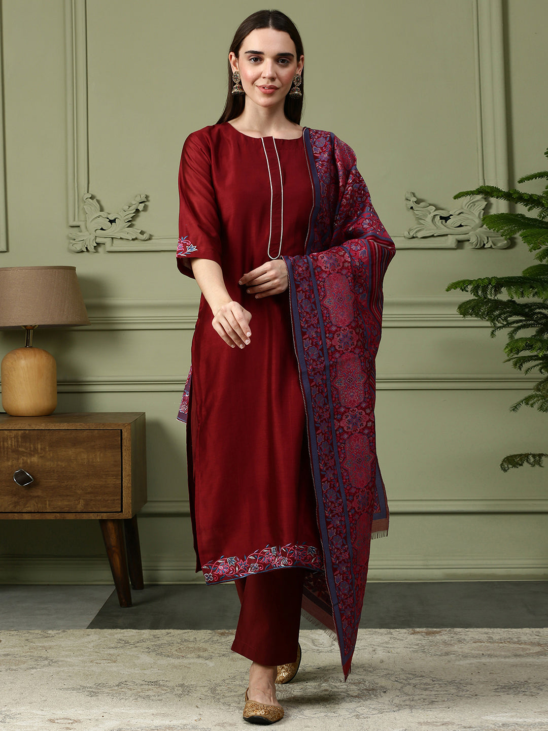 Shingora Maroon Floral Round Neck Straight Suit Set