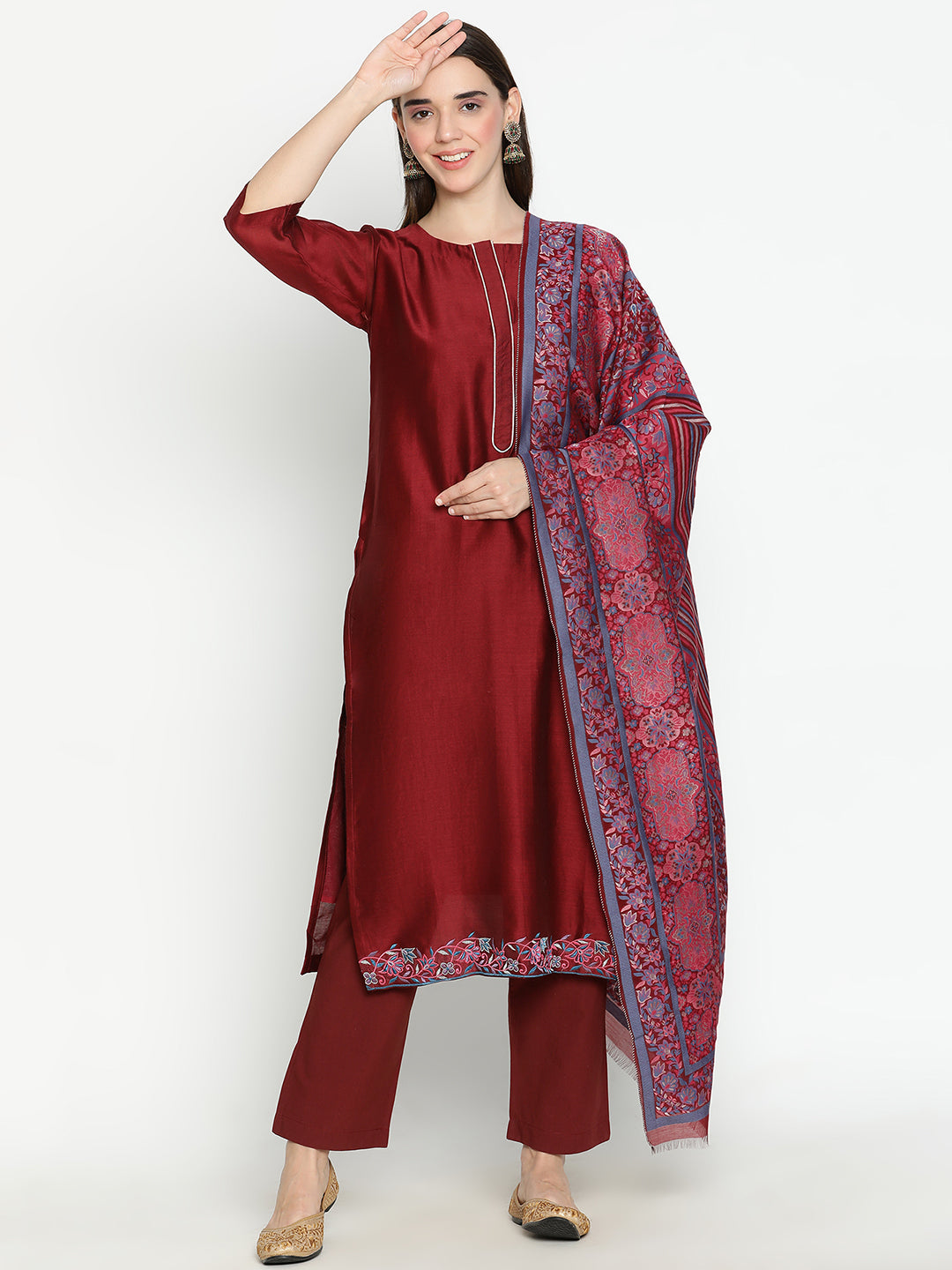 Shingora Maroon Floral Round Neck Straight Suit Set
