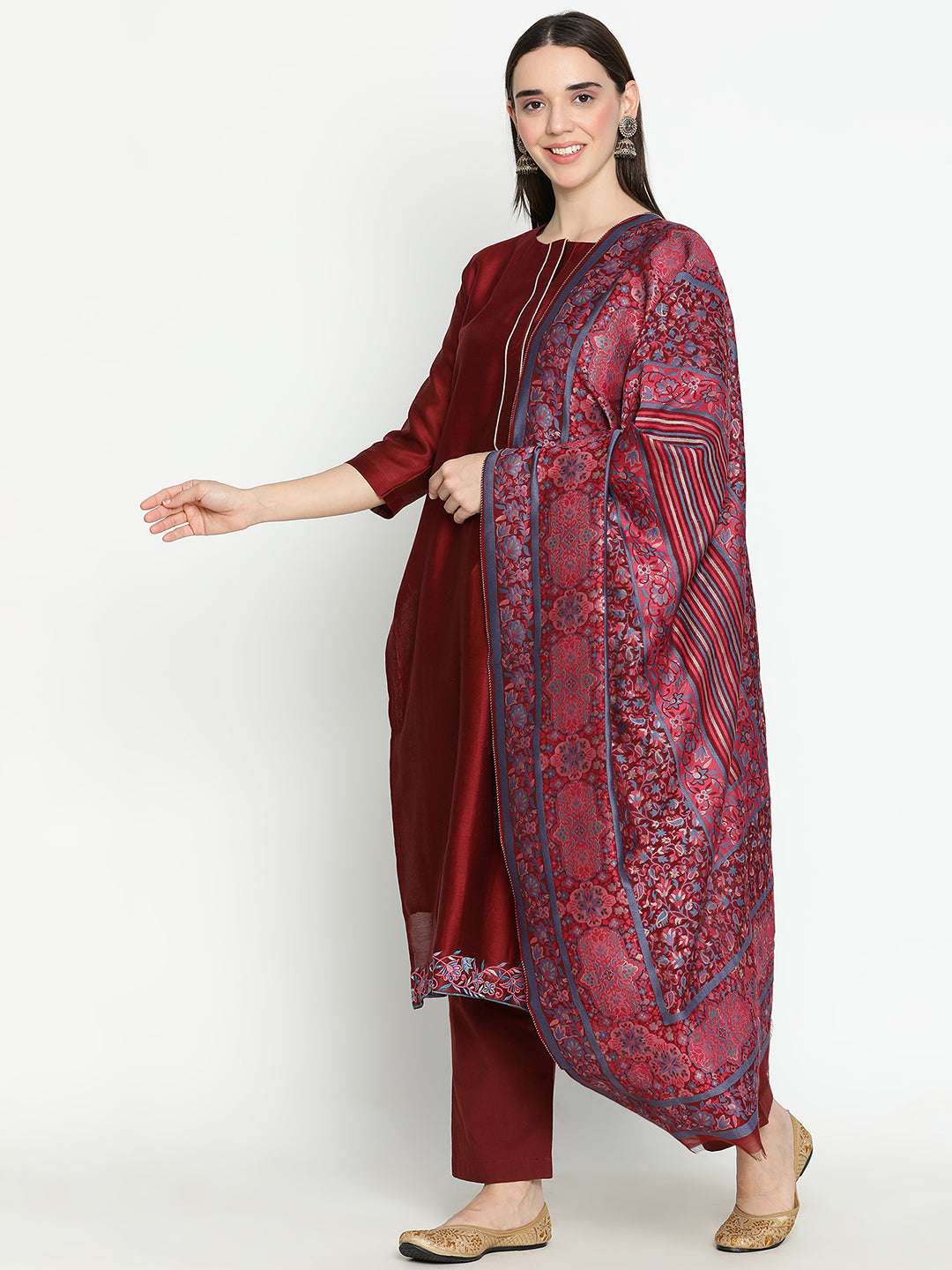 Shingora Maroon Floral Round Neck Straight Suit Set
