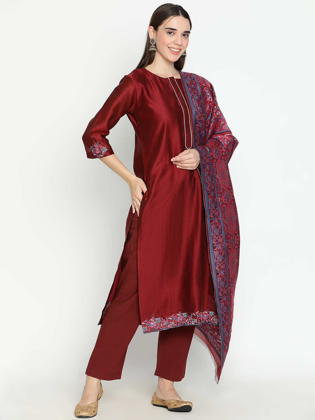Shingora Maroon Floral Round Neck Straight Suit Set