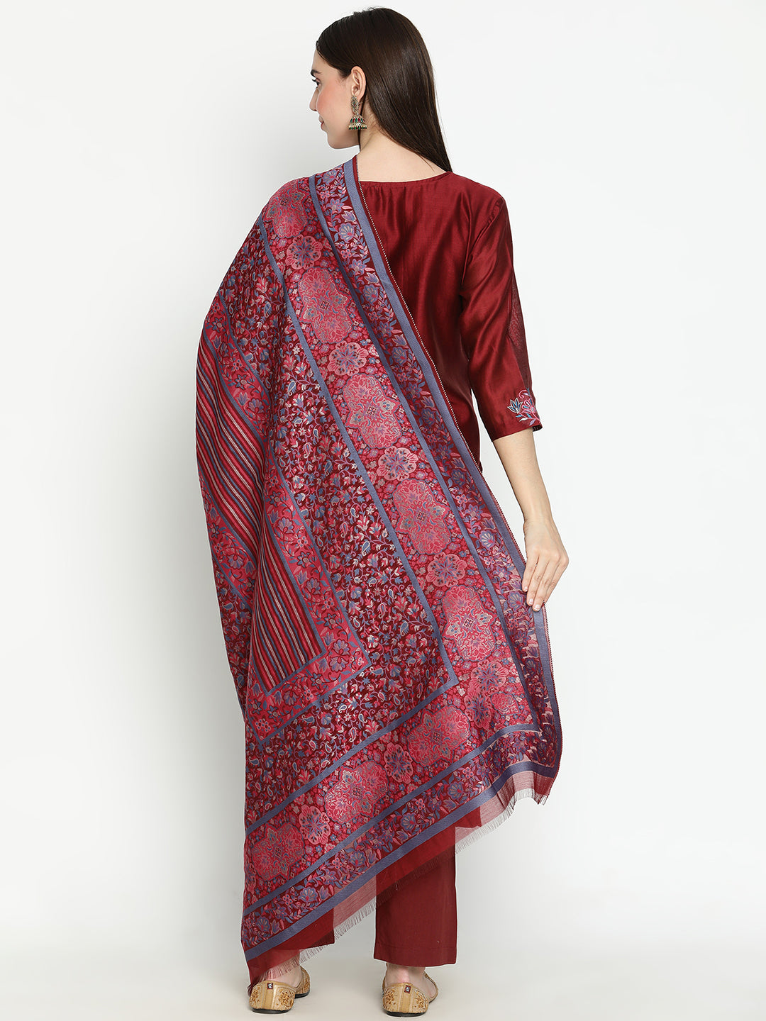 Shingora Maroon Floral Round Neck Straight Suit Set