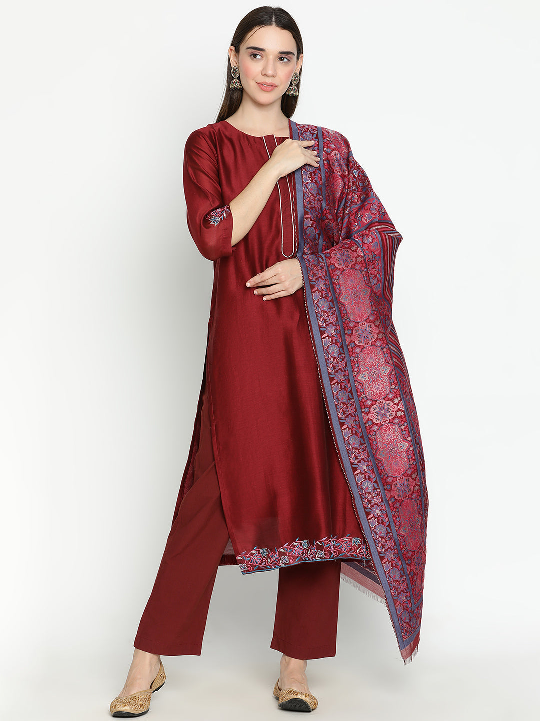 Shingora Maroon Floral Round Neck Straight Suit Set