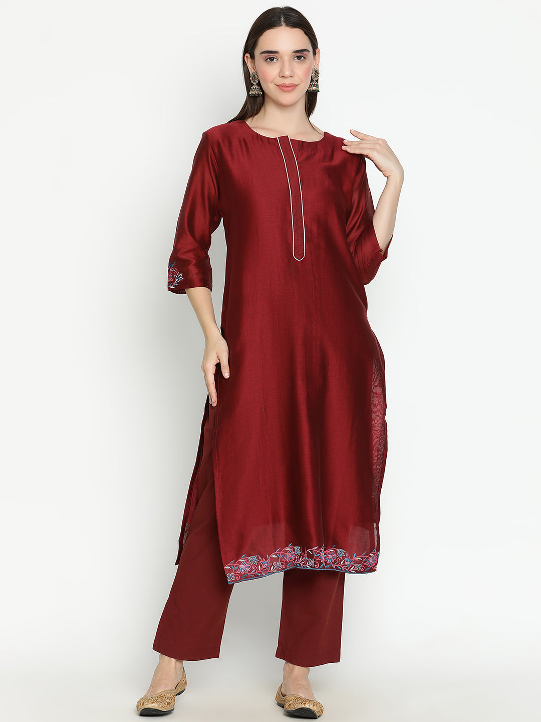 Shingora Maroon Floral Round Neck Straight Suit Set