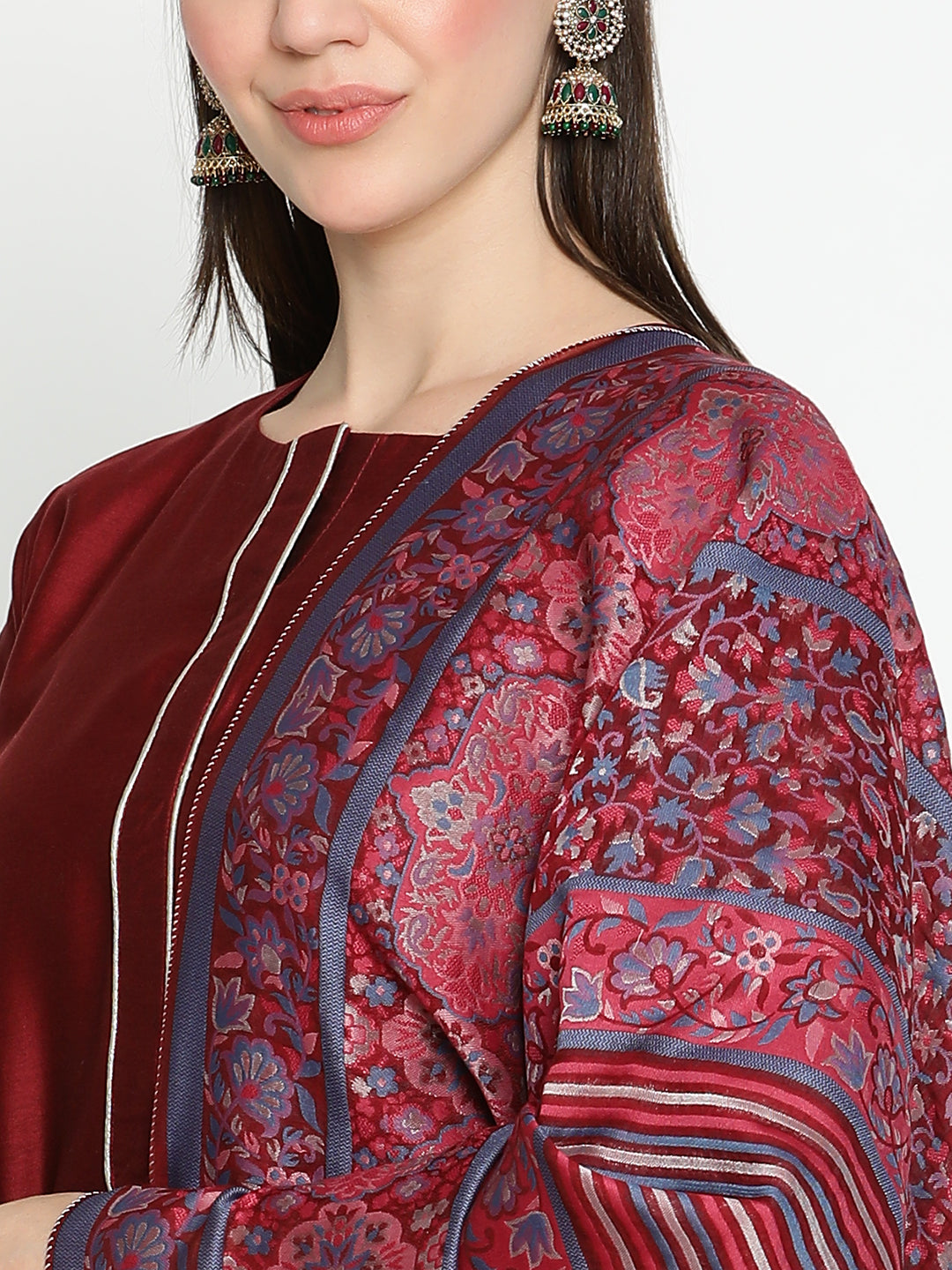 Shingora Maroon Floral Round Neck Straight Suit Set