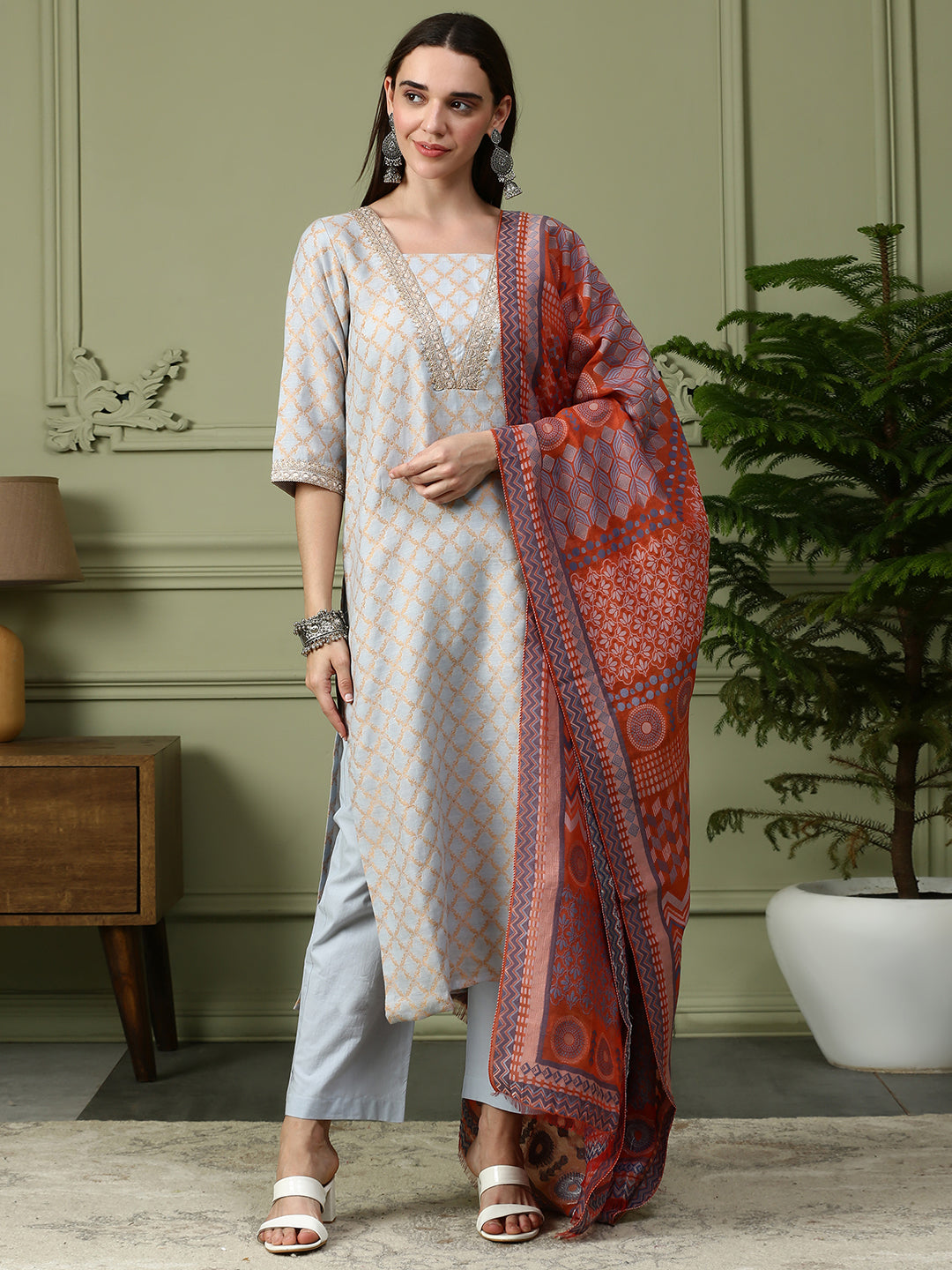 Shingora Blue Woven Design Stitched Suit Set