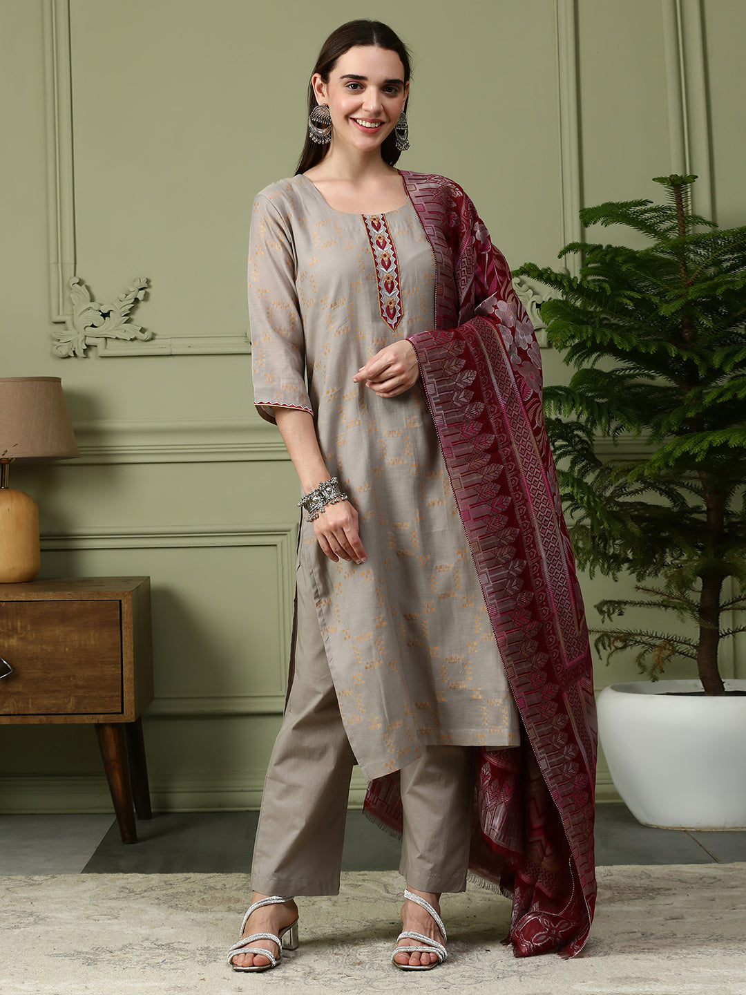 Shingora Grey Yoke Neck Stitched Suit Set