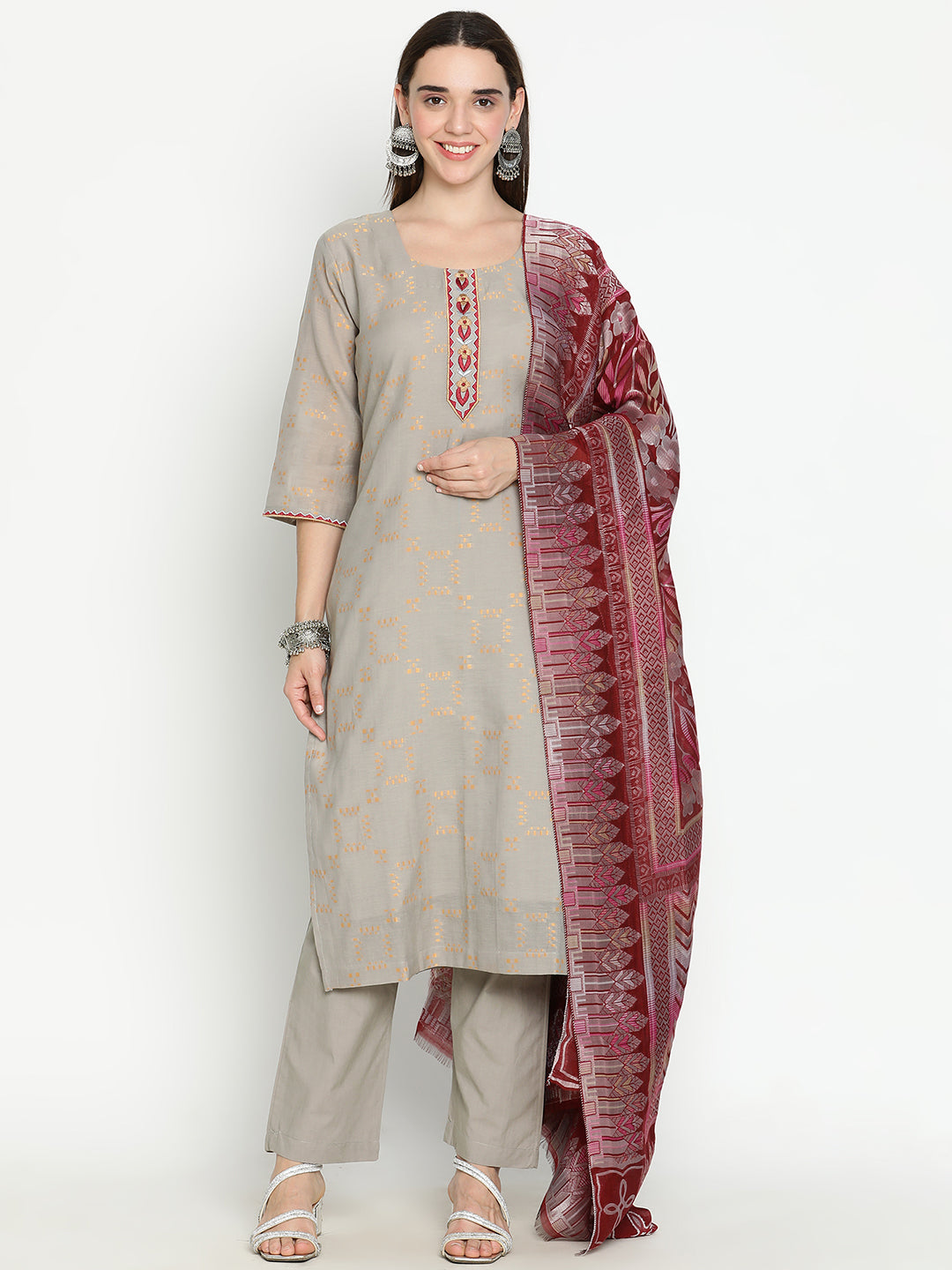 Shingora Grey Yoke Neck Stitched Suit Set