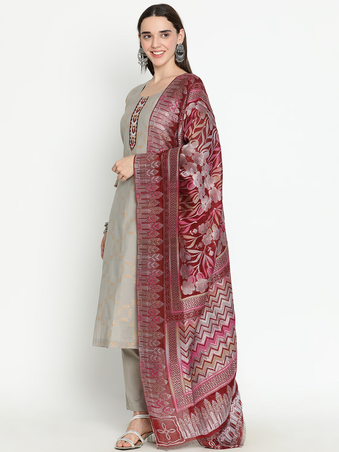 Shingora Grey Yoke Neck Stitched Suit Set