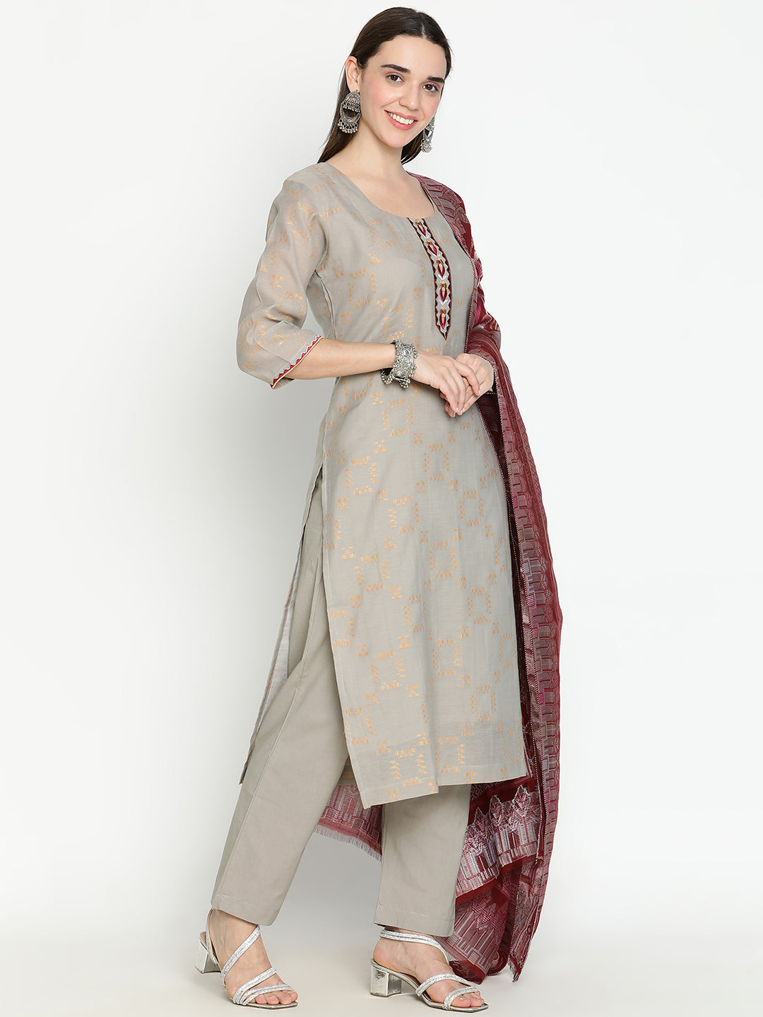 Shingora Grey Yoke Neck Stitched Suit Set