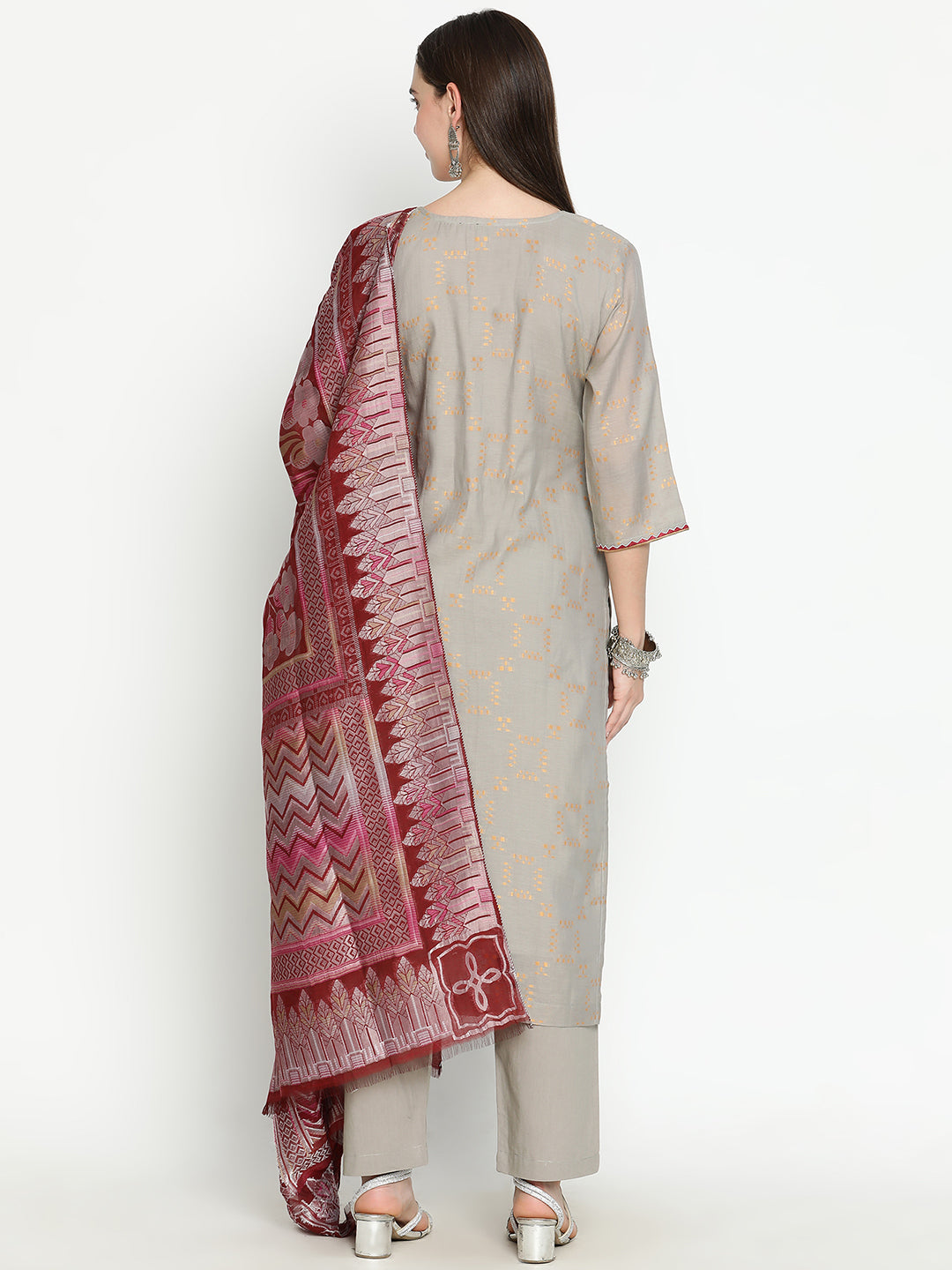 Shingora Grey Yoke Neck Stitched Suit Set