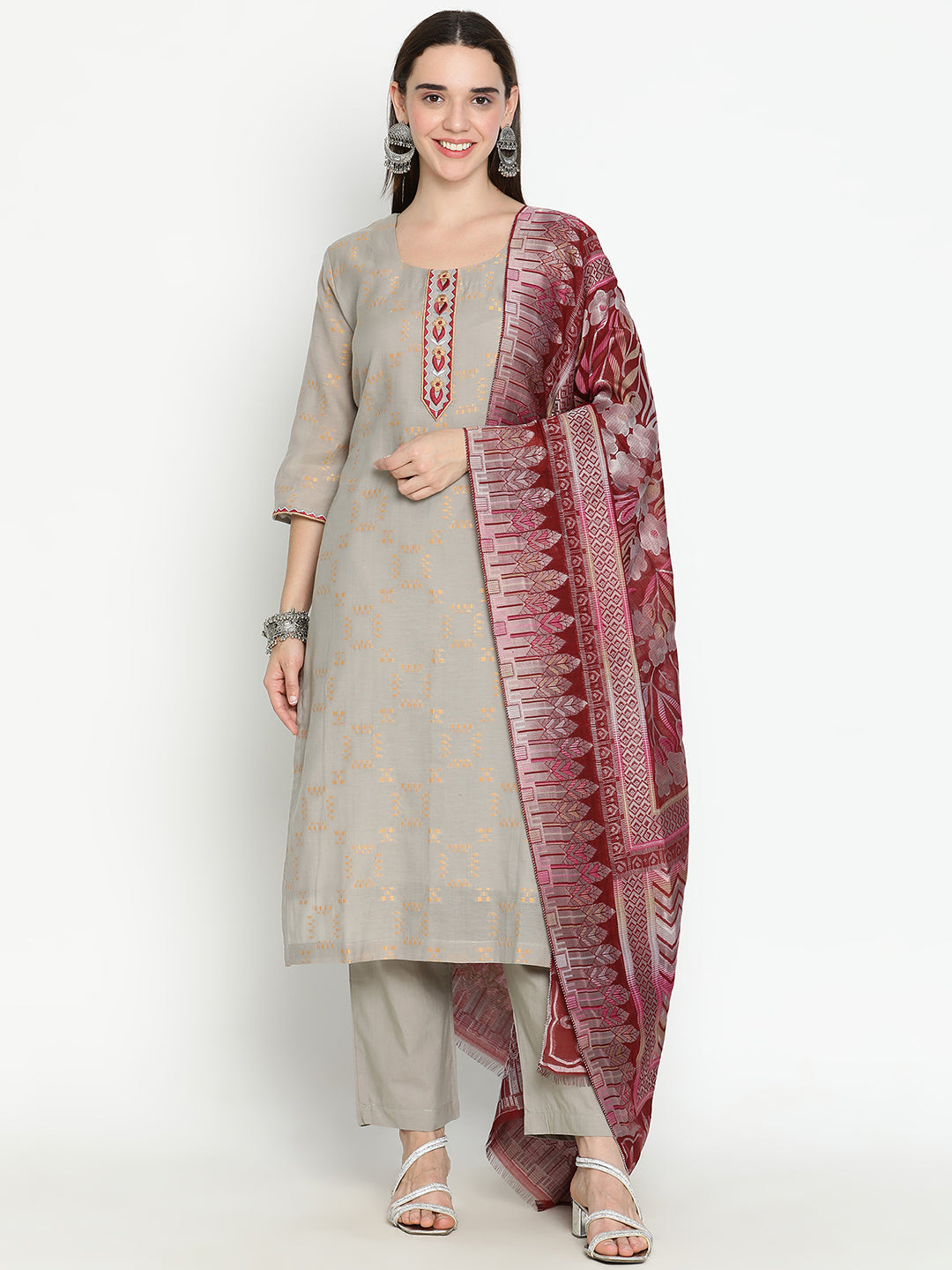 Shingora Grey Yoke Neck Stitched Suit Set