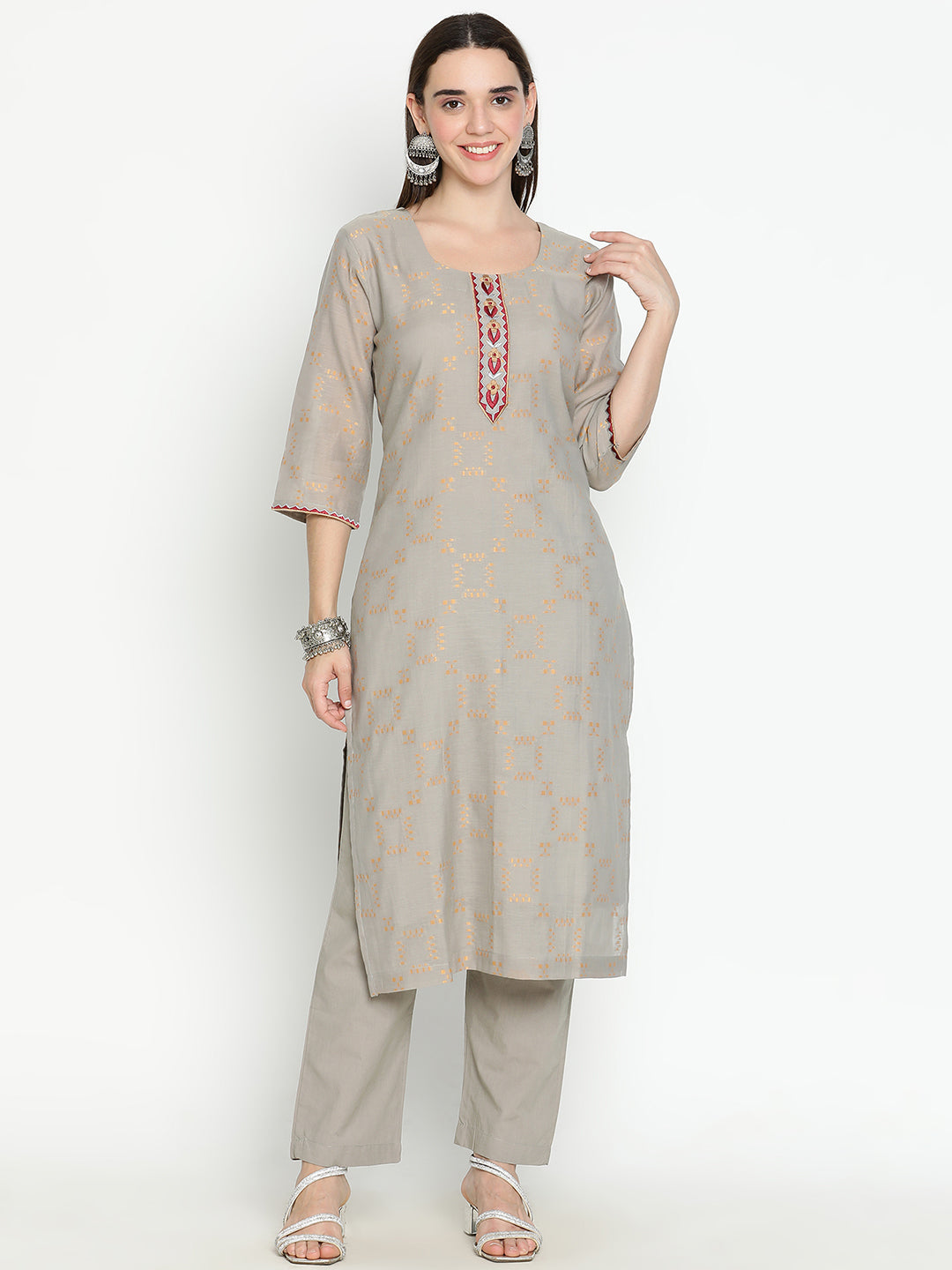 Shingora Grey Yoke Neck Stitched Suit Set