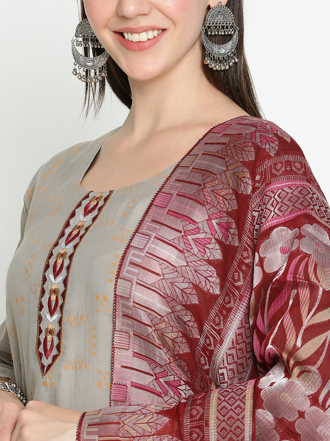 Shingora Grey Yoke Neck Stitched Suit Set