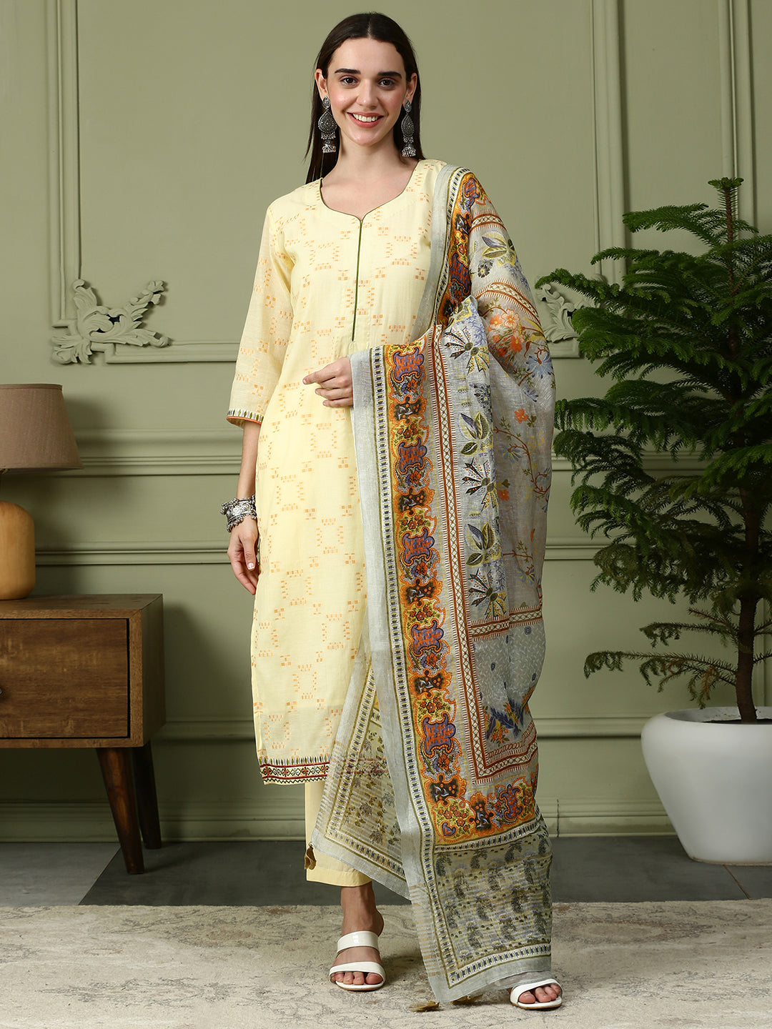 Shingora Yellow Sweetheart Neck Stitched Suit Set
