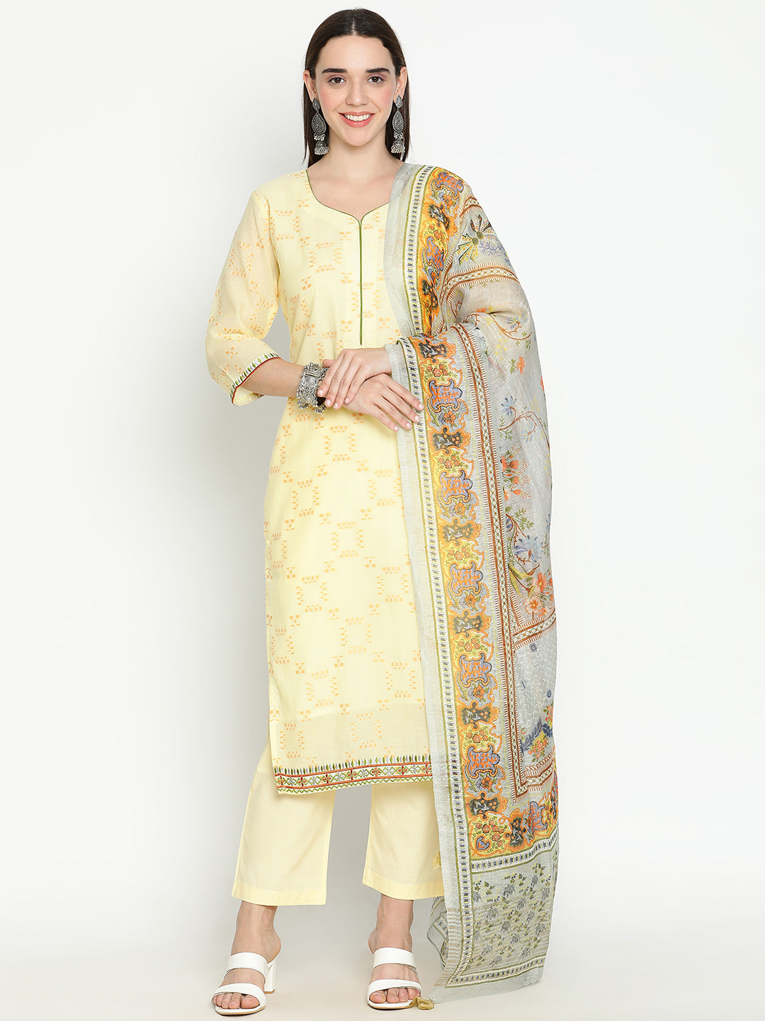 Shingora Yellow Sweetheart Neck Stitched Suit Set