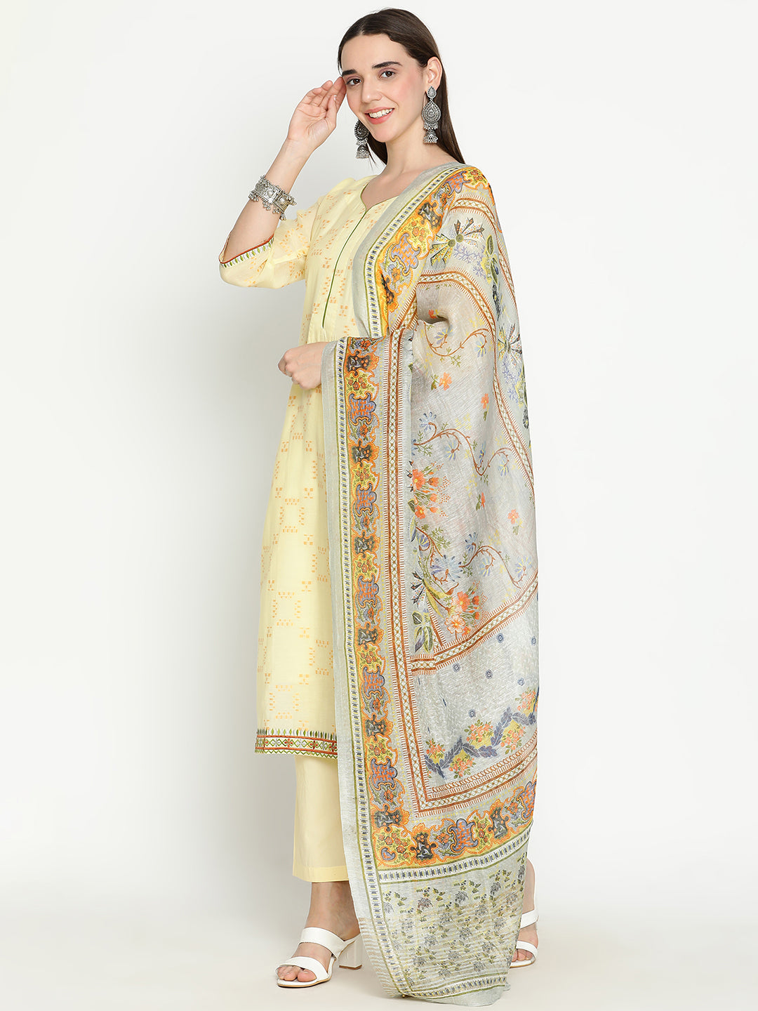 Shingora Yellow Sweetheart Neck Stitched Suit Set