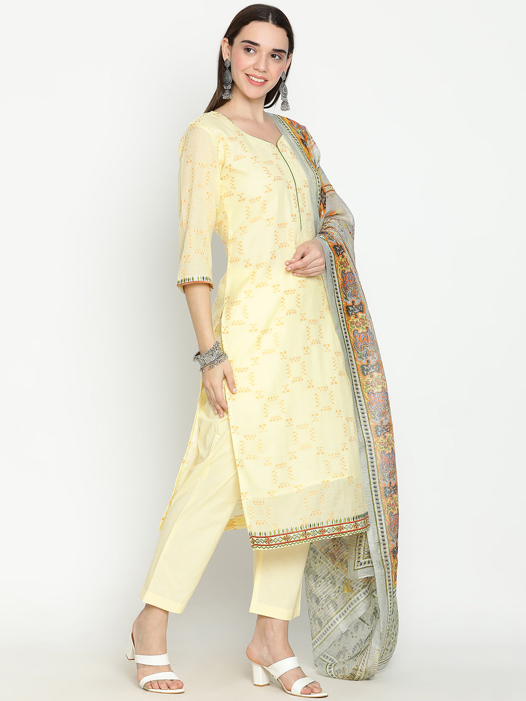 Shingora Yellow Sweetheart Neck Stitched Suit Set