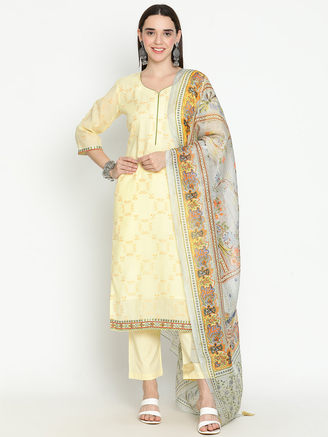 Shingora Yellow Sweetheart Neck Stitched Suit Set