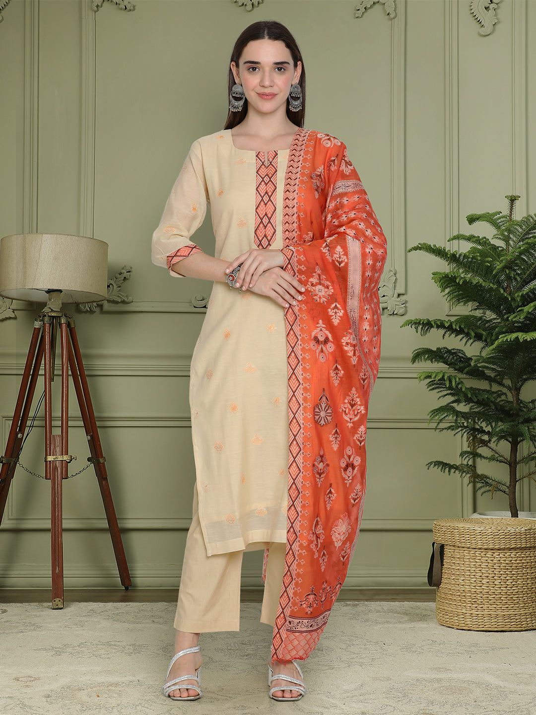 Shingora Yellow Floral Notch-Neck Stitched Suit Set