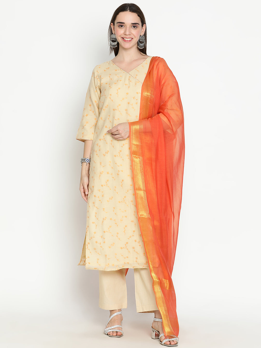 Shingora Cream Floral Woven Design V-Neck Suit Set