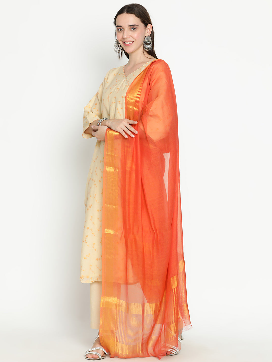 Shingora Cream Floral Woven Design V-Neck Suit Set