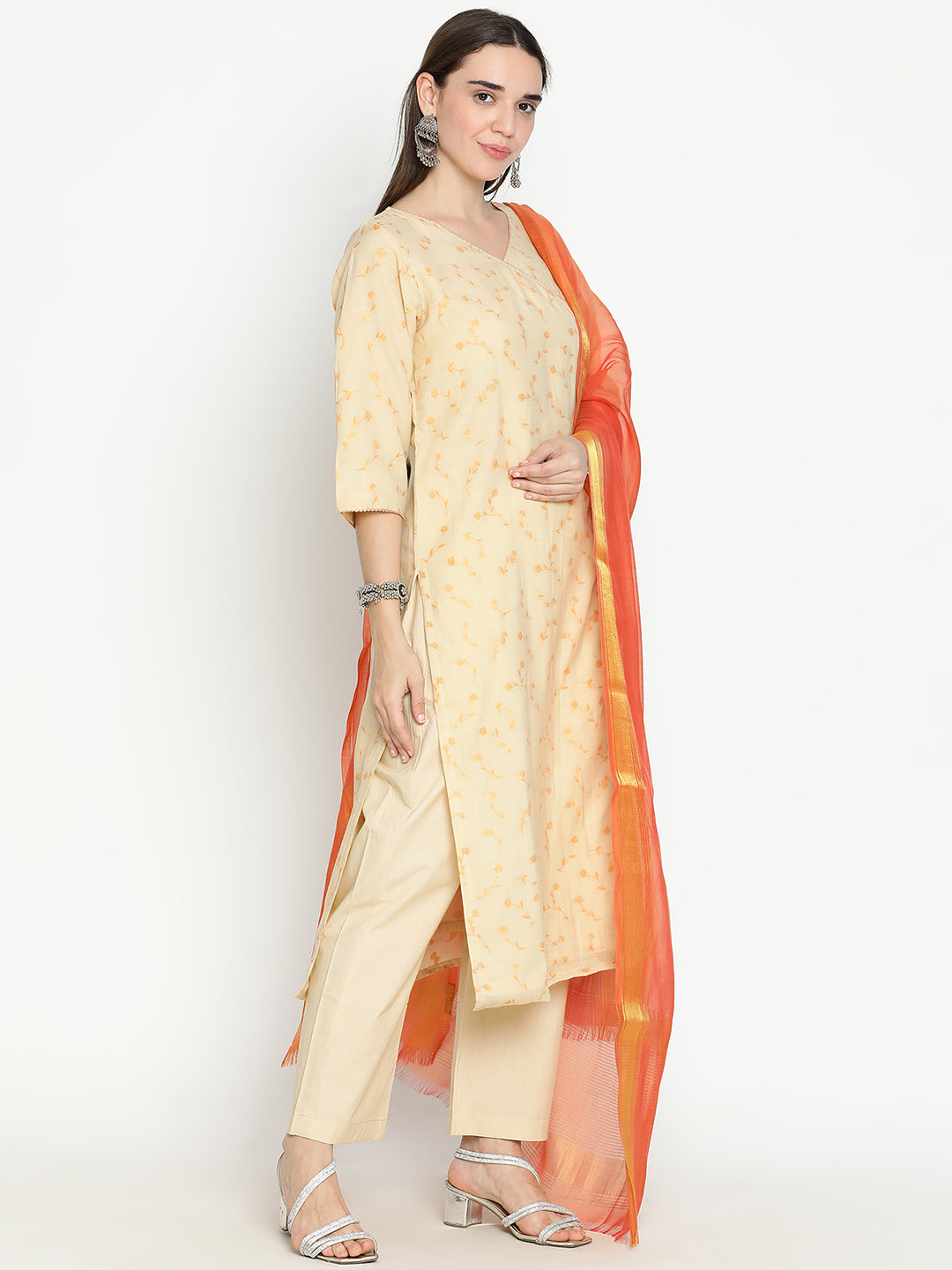 Shingora Cream Floral Woven Design V-Neck Suit Set