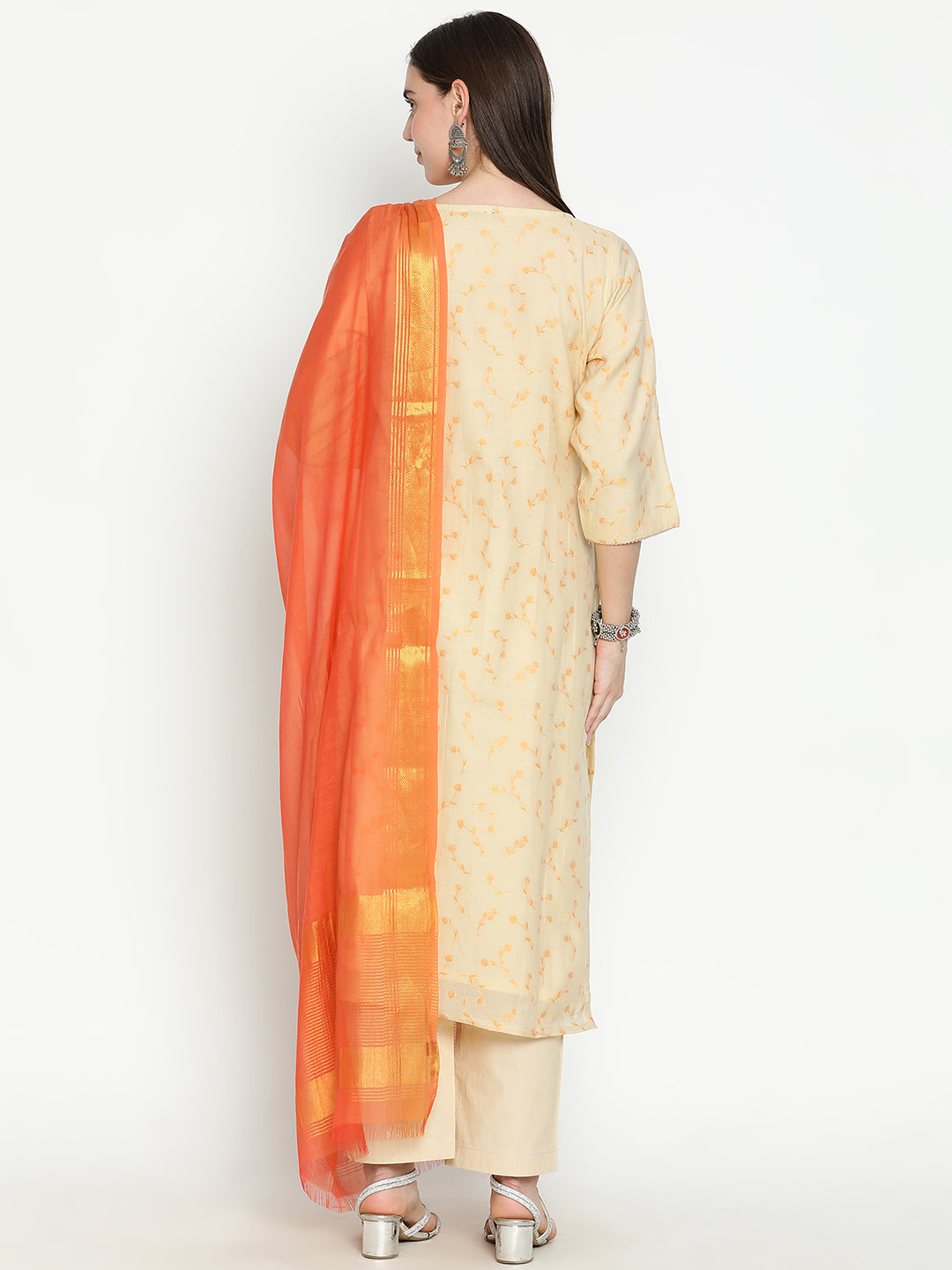 Shingora Cream Floral Woven Design V-Neck Suit Set