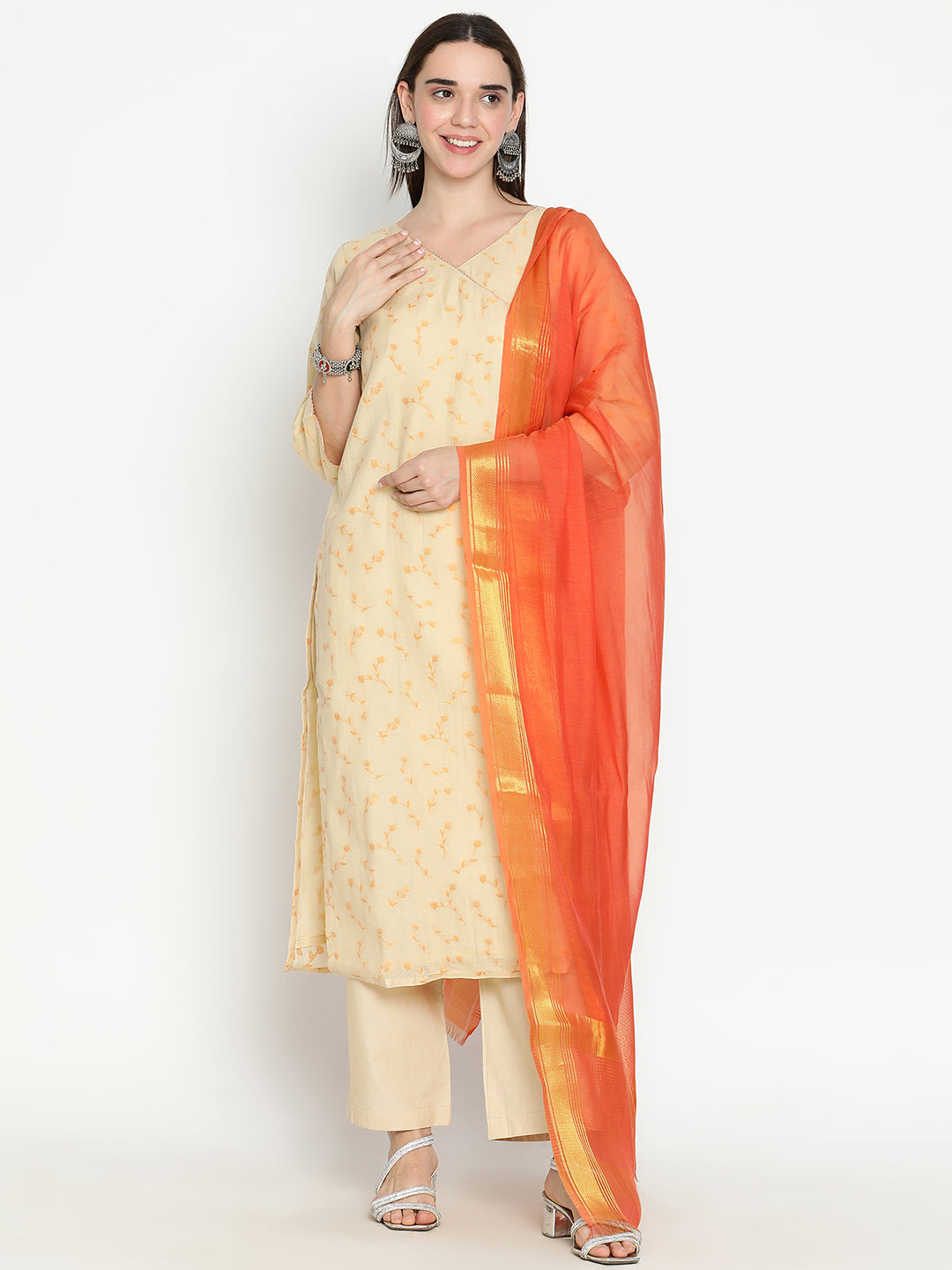 Shingora Cream Floral Woven Design V-Neck Suit Set