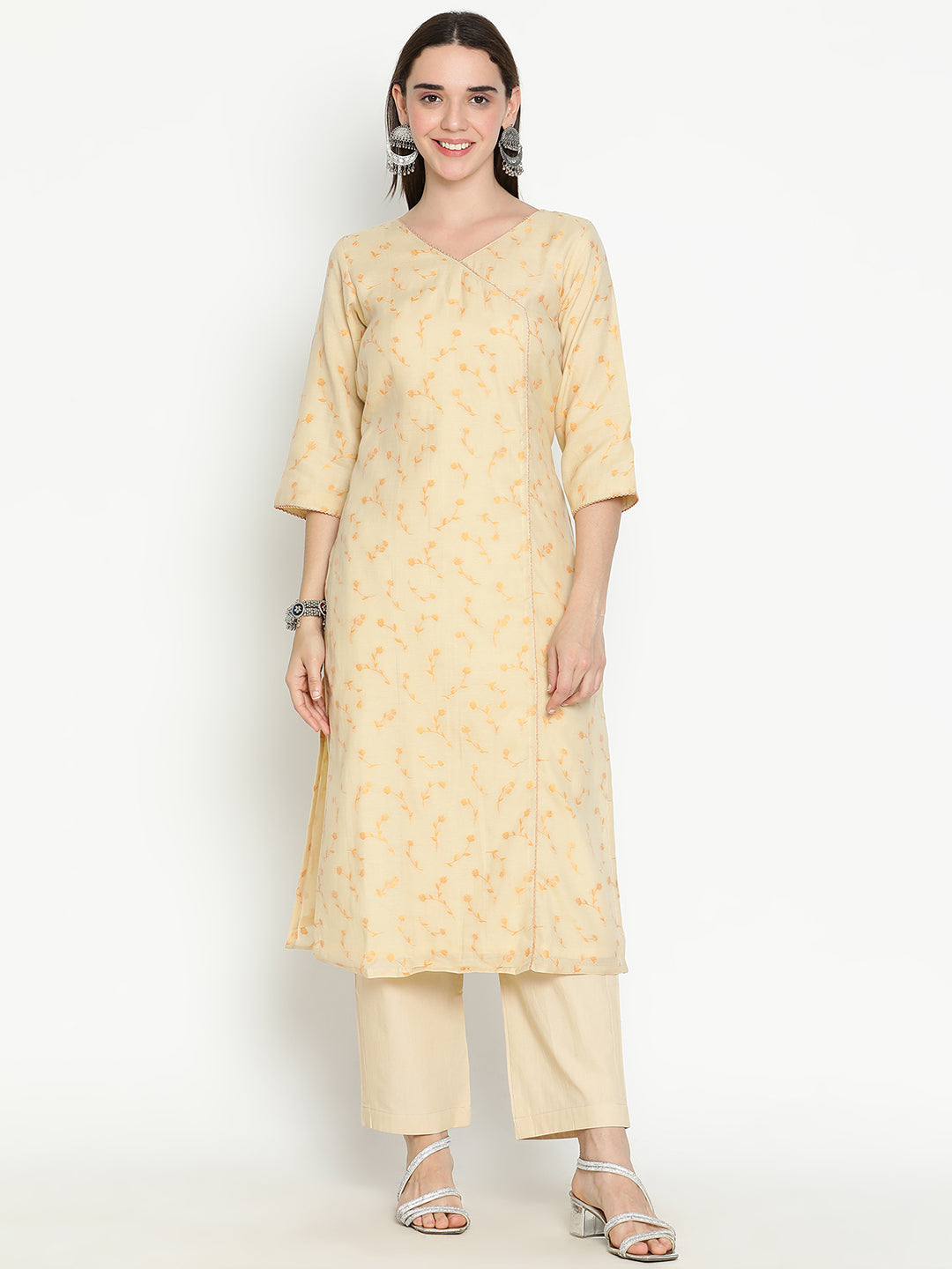 Shingora Cream Floral Woven Design V-Neck Suit Set