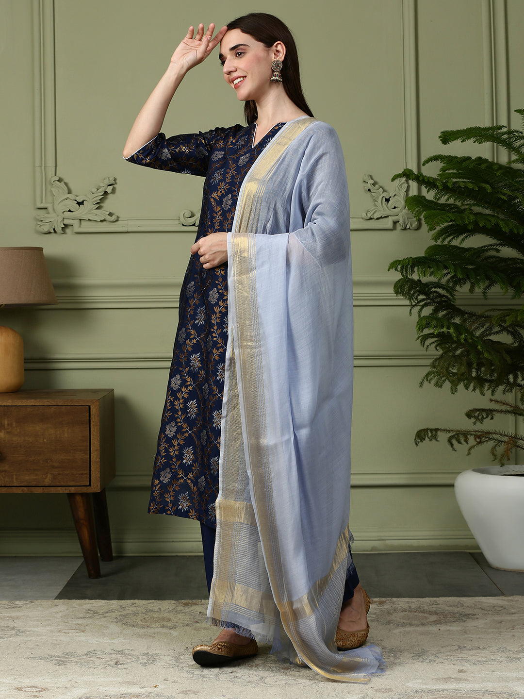 Shingora Navy Blue Floral Notch Neck Stitched Suit Set