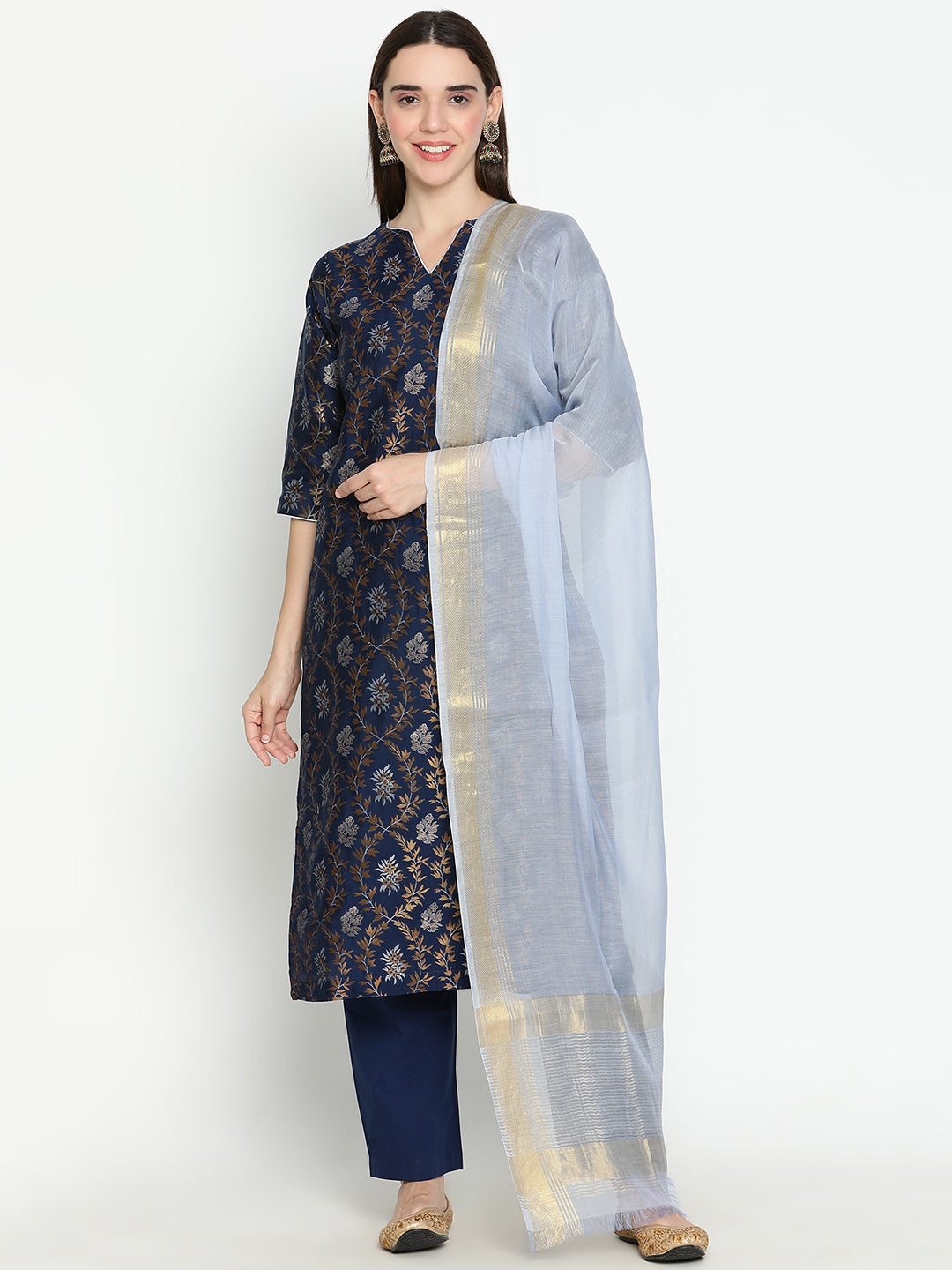 Shingora Navy Blue Floral Notch Neck Stitched Suit Set