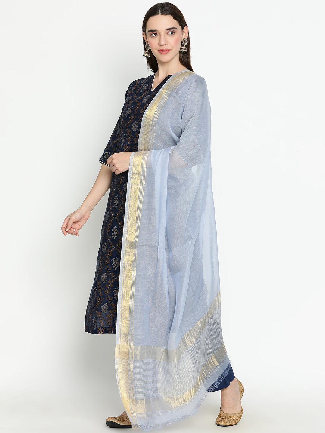 Shingora Navy Blue Floral Notch Neck Stitched Suit Set