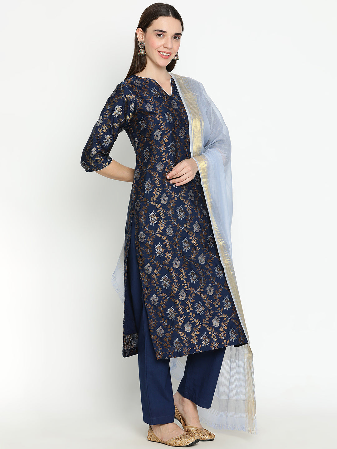 Shingora Navy Blue Floral Notch Neck Stitched Suit Set