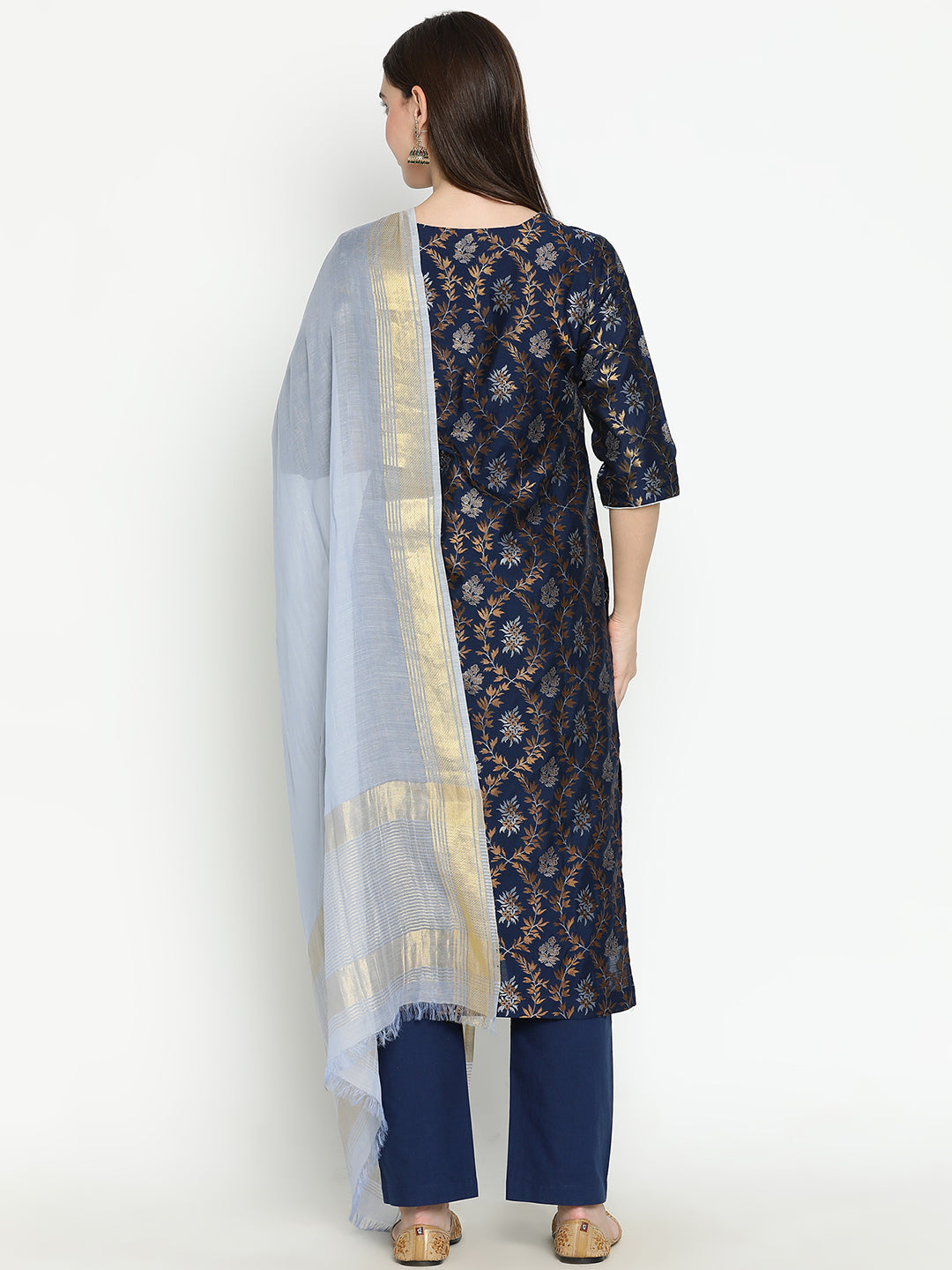 Shingora Navy Blue Floral Notch Neck Stitched Suit Set
