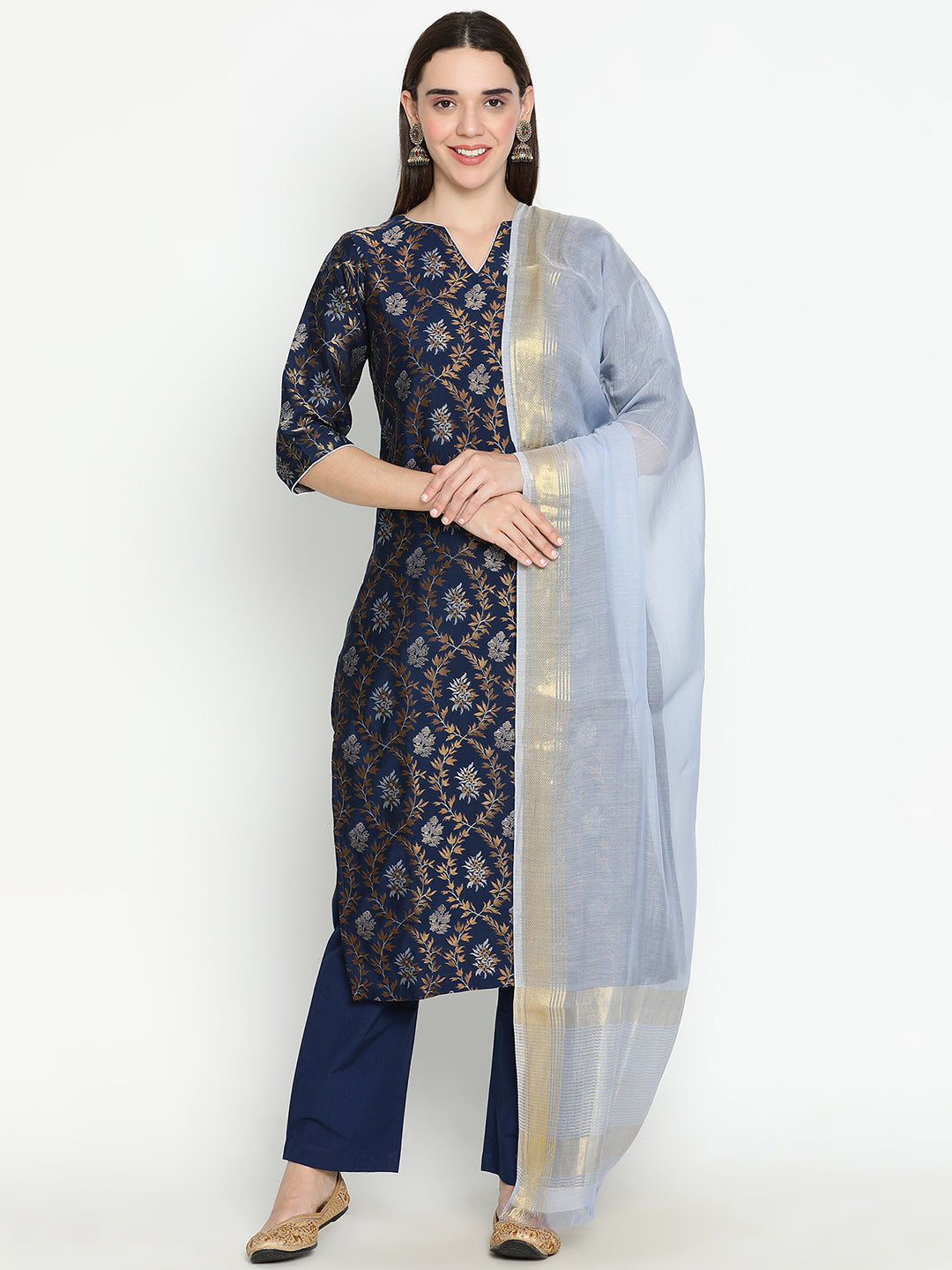 Shingora Navy Blue Floral Notch Neck Stitched Suit Set