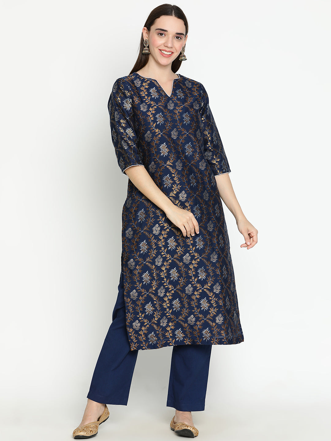 Shingora Navy Blue Floral Notch Neck Stitched Suit Set
