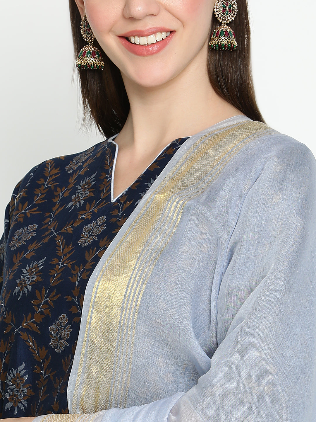 Shingora Navy Blue Floral Notch Neck Stitched Suit Set