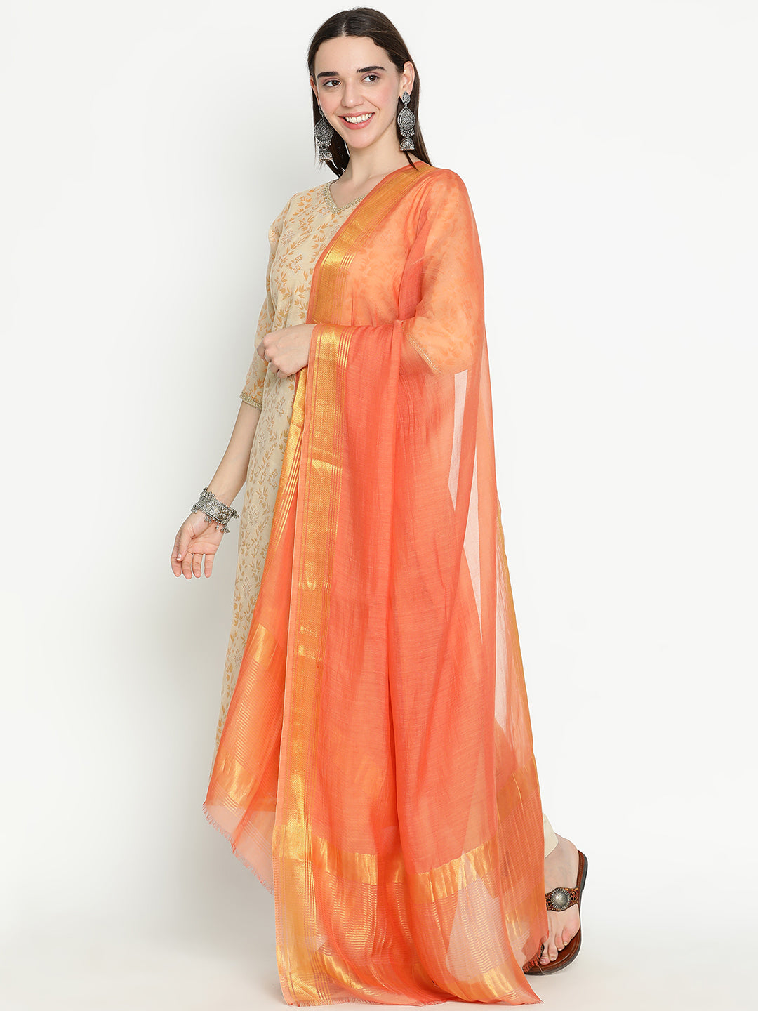 Shingora Beige Floral Woven Design V-Neck Zari Stitched Suit Set