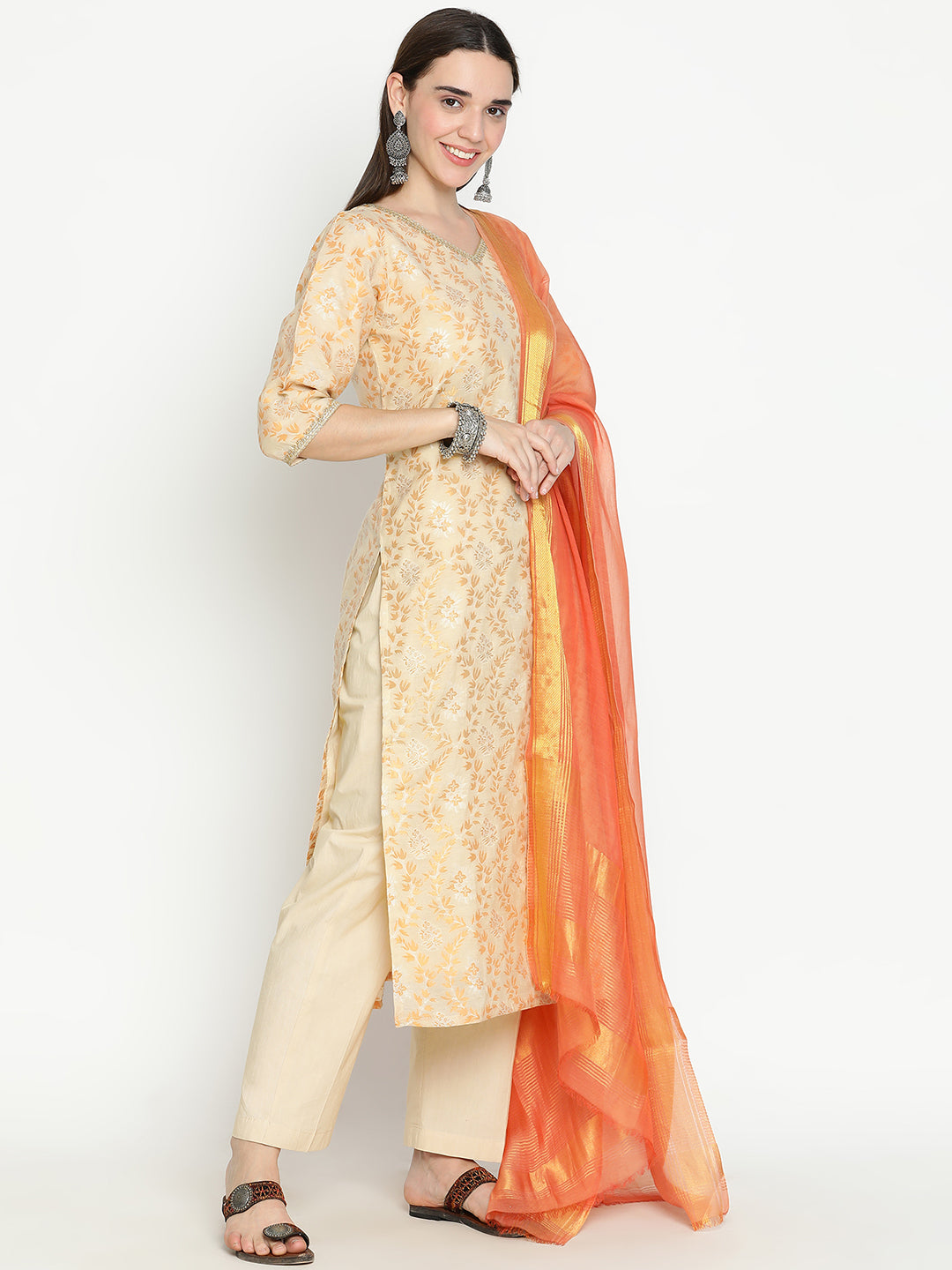 Shingora Beige Floral Woven Design V-Neck Zari Stitched Suit Set