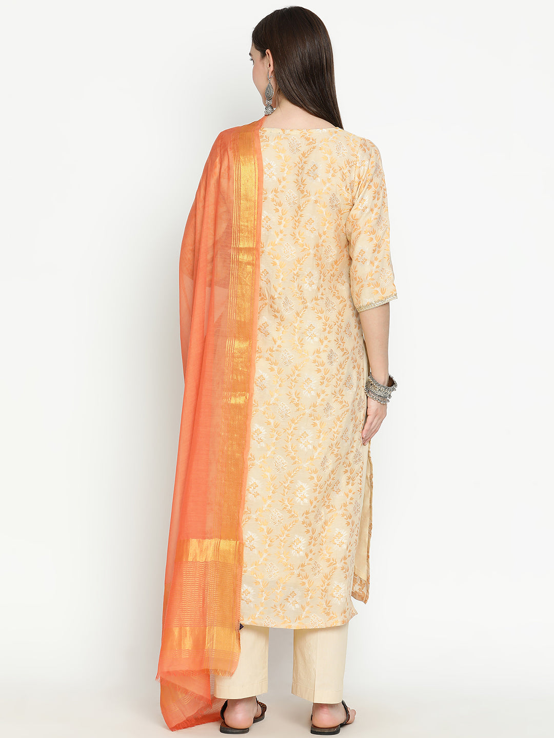 Shingora Beige Floral Woven Design V-Neck Zari Stitched Suit Set