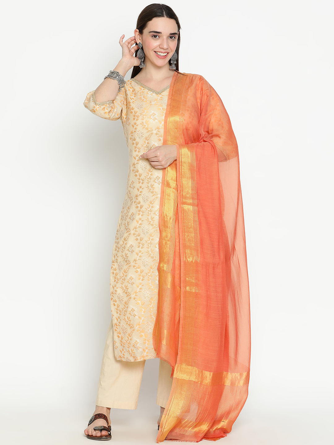 Shingora Beige Floral Woven Design V-Neck Zari Stitched Suit Set