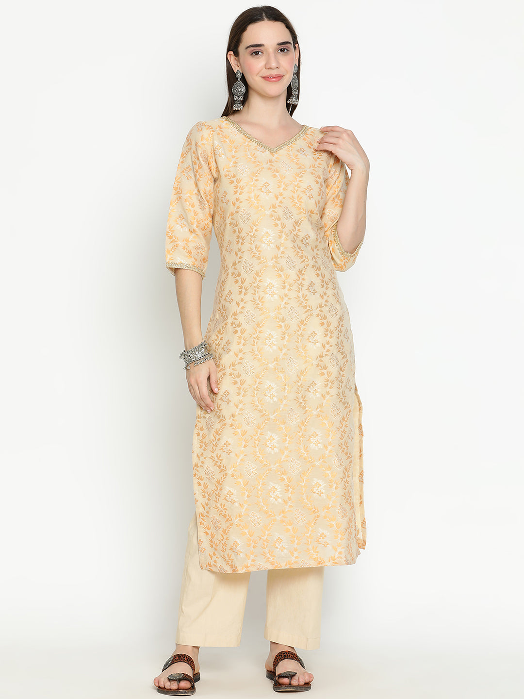 Shingora Beige Floral Woven Design V-Neck Zari Stitched Suit Set