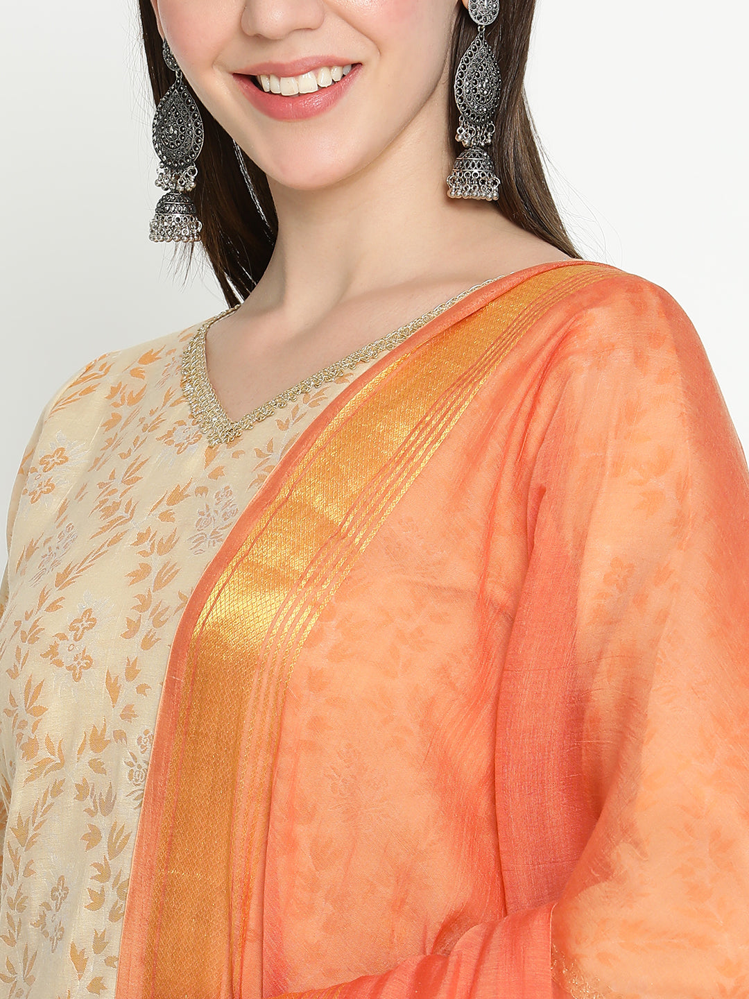 Shingora Beige Floral Woven Design V-Neck Zari Stitched Suit Set