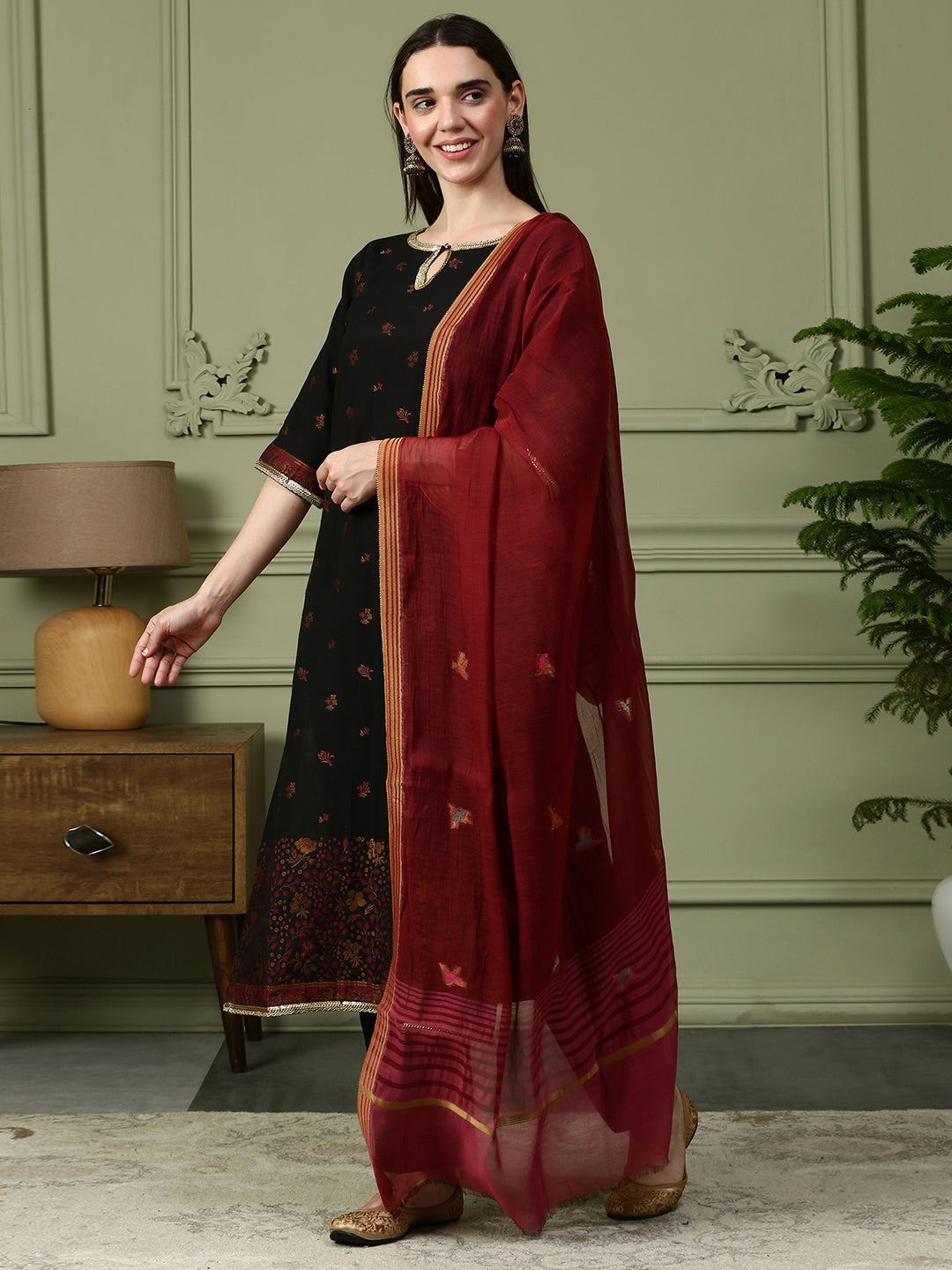 Shingora Black Floral Woven Design Keyhole Neck Stitched Suit Set