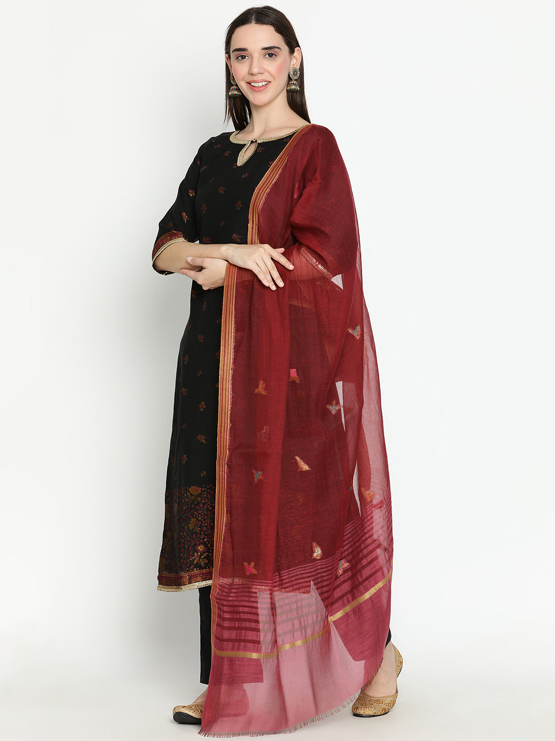 Shingora Black Floral Woven Design Keyhole Neck Stitched Suit Set