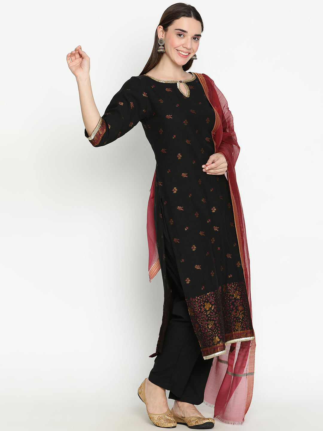 Shingora Black Floral Woven Design Keyhole Neck Stitched Suit Set