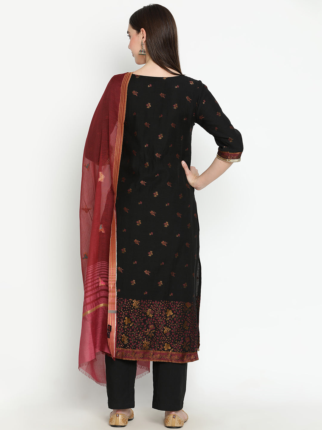 Shingora Black Floral Woven Design Keyhole Neck Stitched Suit Set