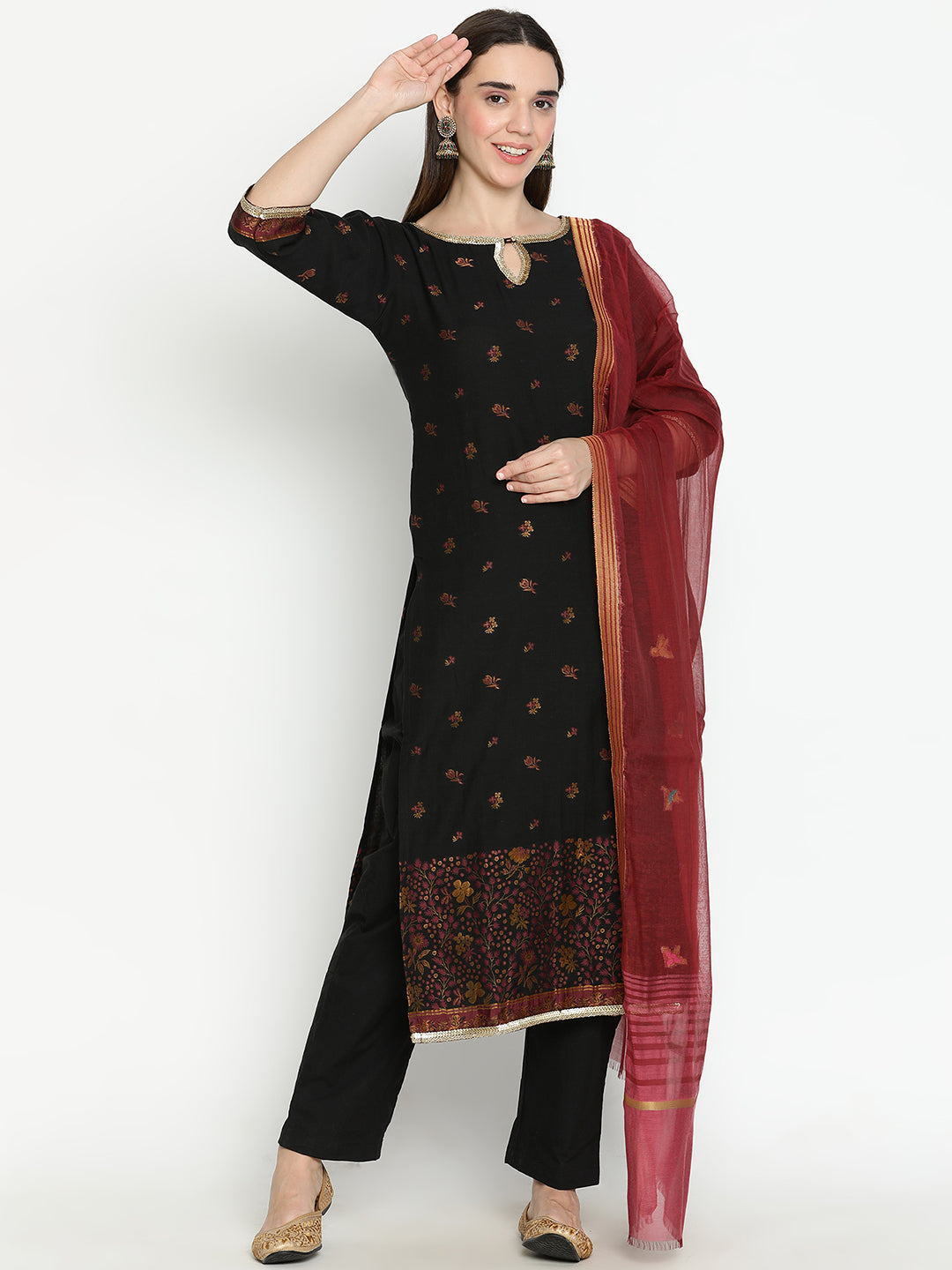 Shingora Black Floral Woven Design Keyhole Neck Stitched Suit Set