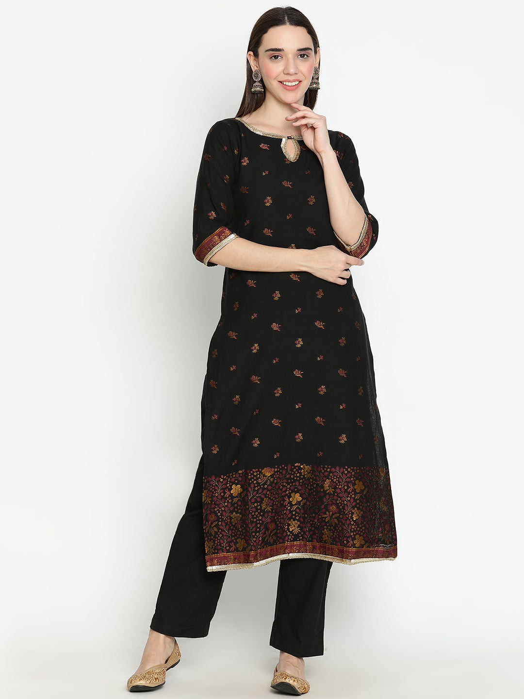 Shingora Black Floral Woven Design Keyhole Neck Stitched Suit Set