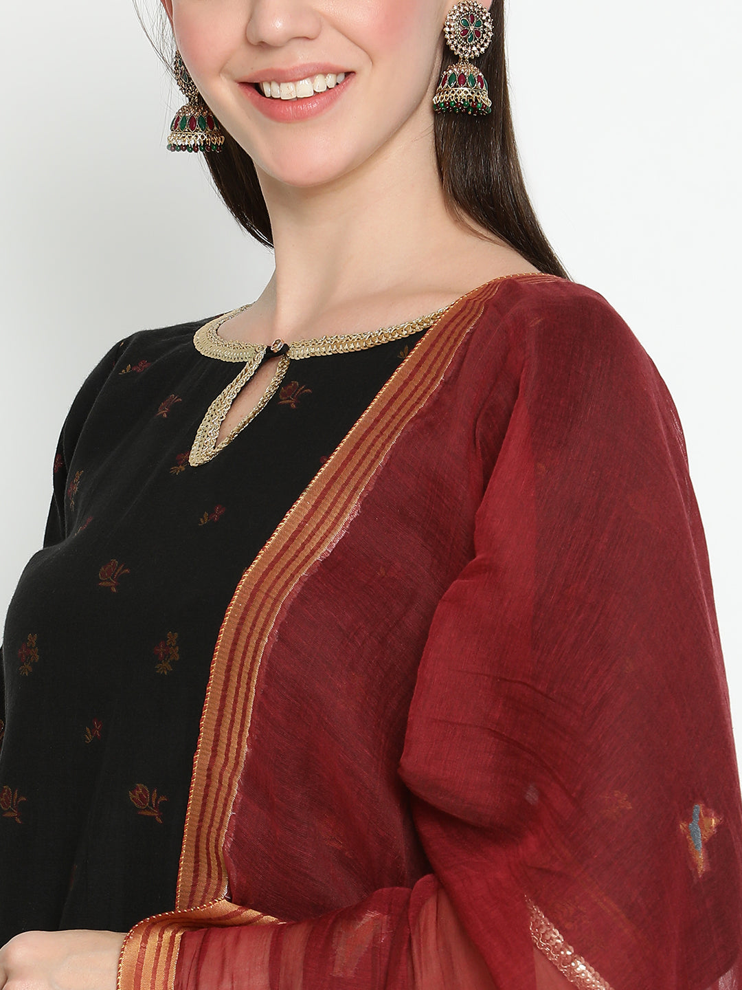 Shingora Black Floral Woven Design Keyhole Neck Stitched Suit Set